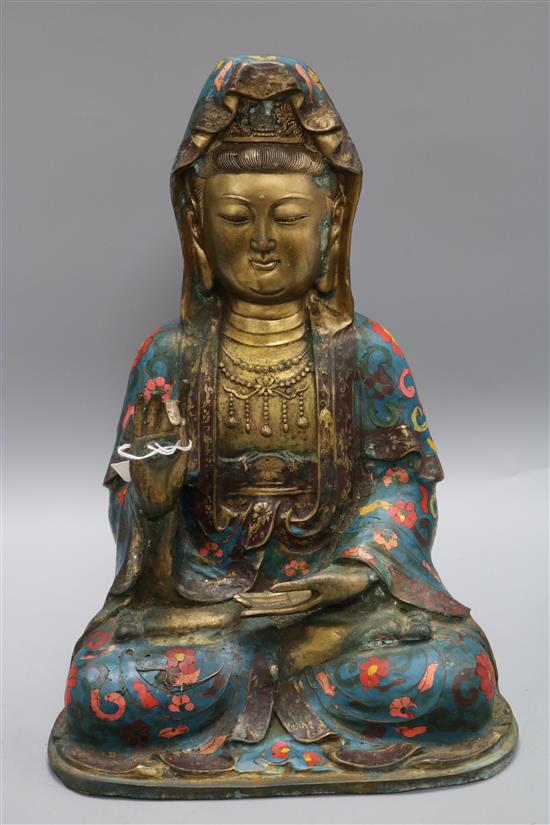 A Chinese gilt metal and polychrome figure of Guan Yin height 41cm